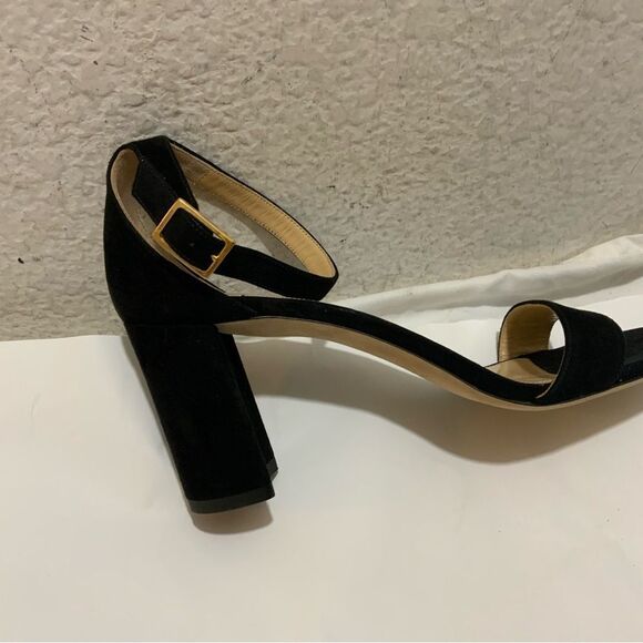 New Ann Mashburn black suede ankle Strap sandals size 38.5 heels 3” - Picture 3 of 11